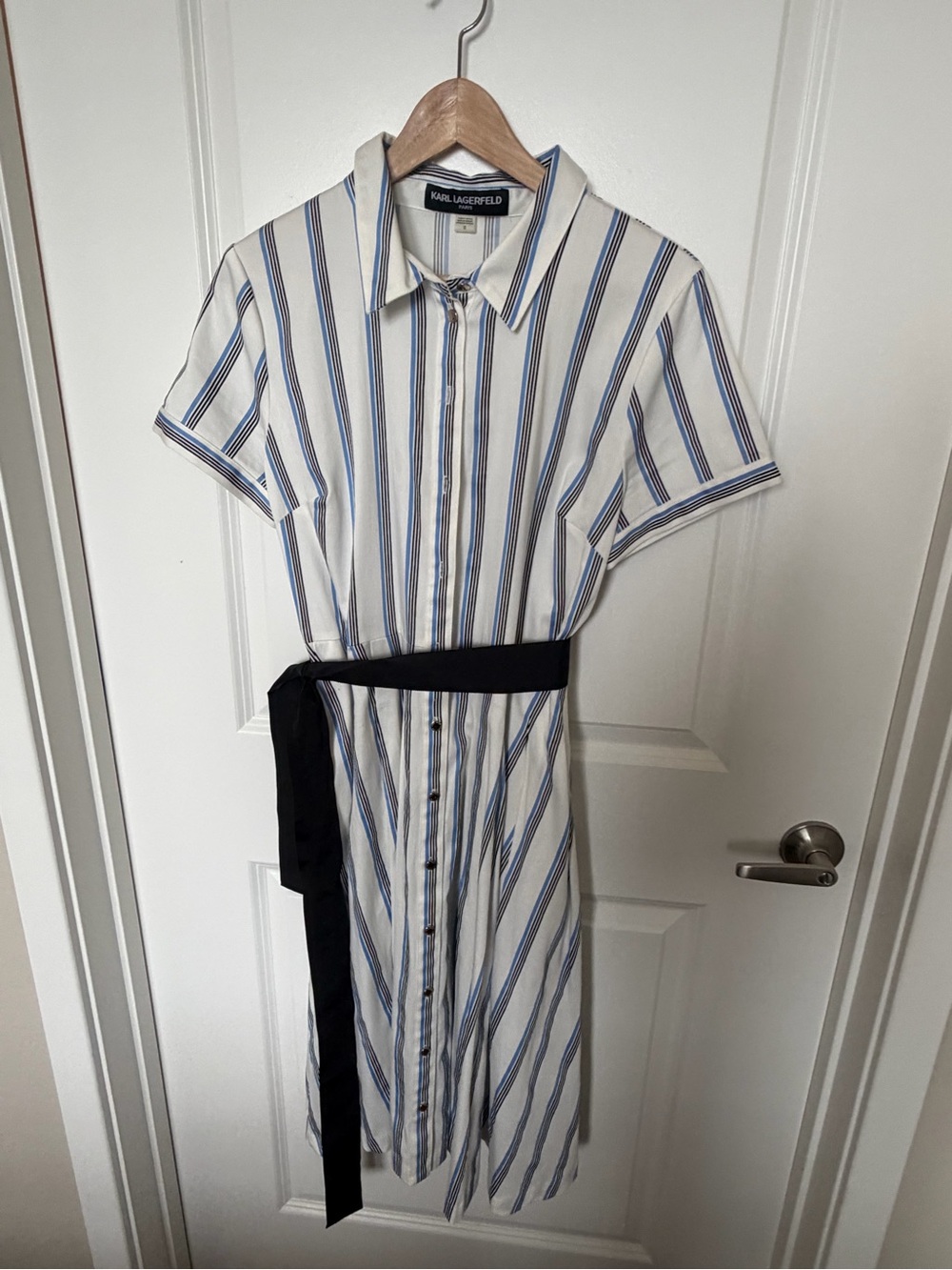 Karl Lagerfeld Blue Stripe Shirt Dress with Black Waist Tie